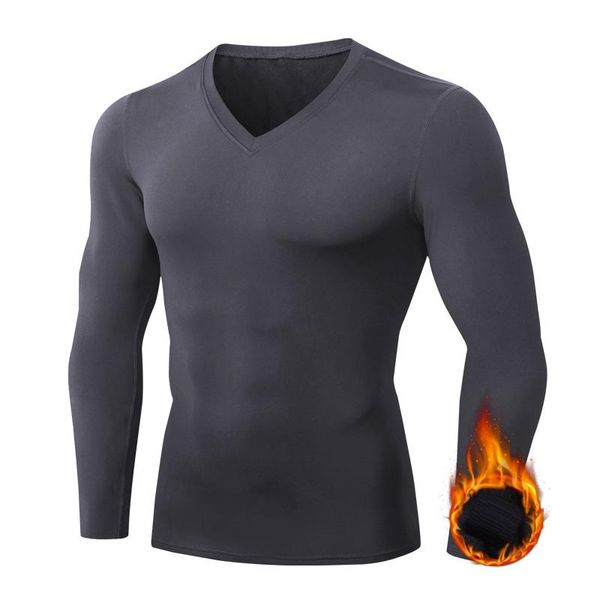 Lauftrikots 2021 Winter Thermal Herren V-Ausschnitt Fleece Sport T-Shirt Jogging Workout Shirt Wärmer Unterwäsche Baselayer Plus Size