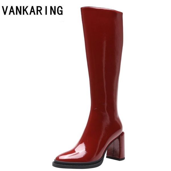 

boots brand designer patent leather women knee high autumn winter thick heels black platform long
