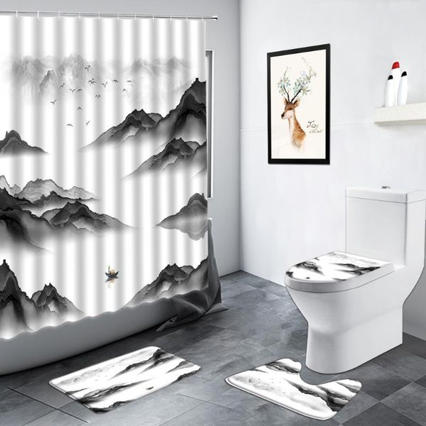 

shower curtains chinese style ink painting set black mountain water landscape bathroom decor wc carpet non-slip toilet bath mats