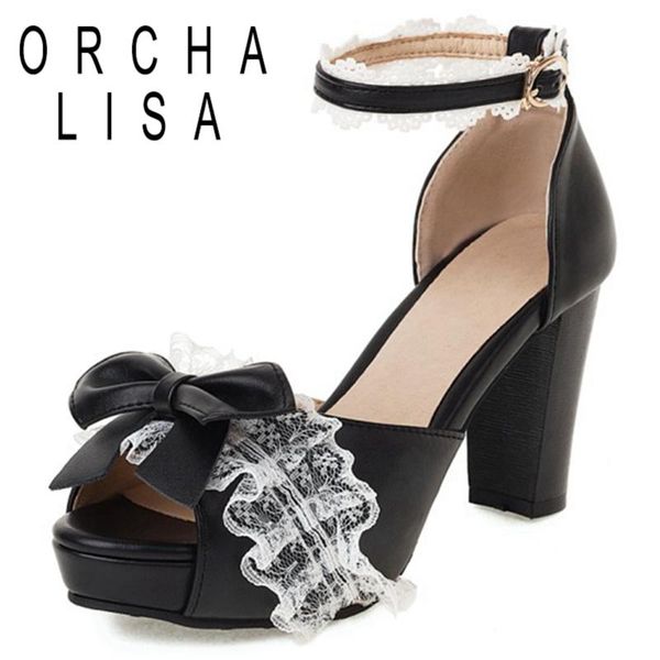 

dress shoes ocha lisa 2021 ladies sandals open toe peep flower high spike heels bowknot platform lace sweet comfortable cosplay a4070, Black
