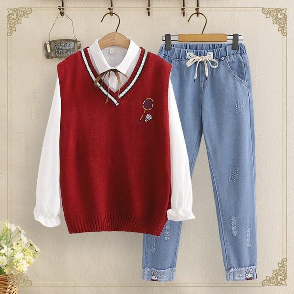 

women's tracksuits women 2021 autumn winter high waist jeans pant white blouse shirt knitted vest sweater three-pieces suit casual sets, Gray