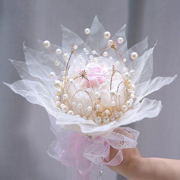 

wedding flowers 2021 gold bride artificial flower bouquet luxury pearls rhinestone pageant bridal hand hold pink buquet de novia