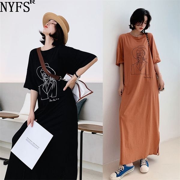 

nyfs summer dress new loose large size short sleeve extra long dress vestidos robe elbise fashion print korean woman dress 210409, Black;gray