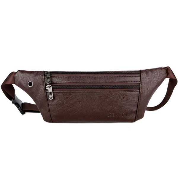 

waist bags slim fashion men bag solid black coffee fanny pack with headphone hole travel money male single shoulder