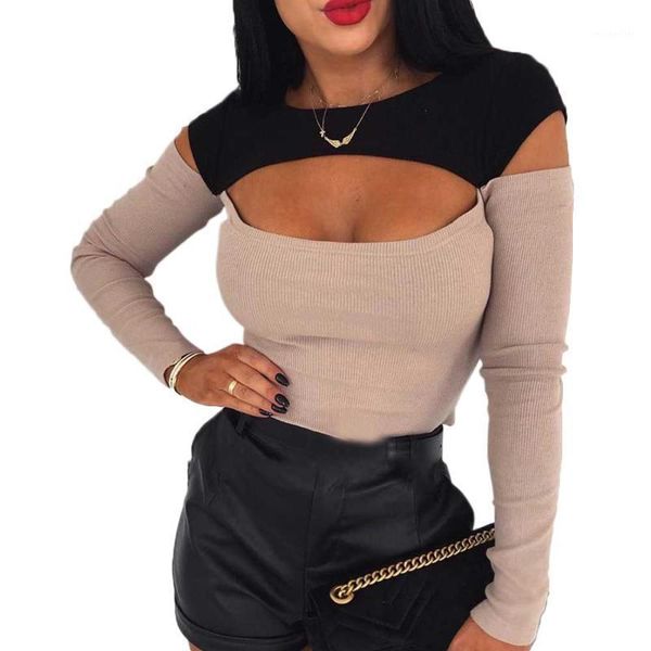 

women hollow out t-shirt round neck patchwork two tone long sleeve tee shirts for ladies knitted slim spring femaled30 women's, White