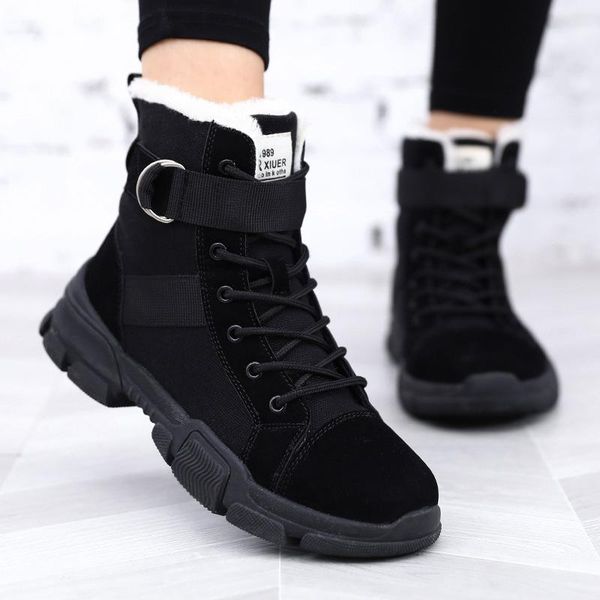 

boots 2021 arrival warm winter women shoes solid velvet platform plus size lace-up shoe woman sneakers, Black