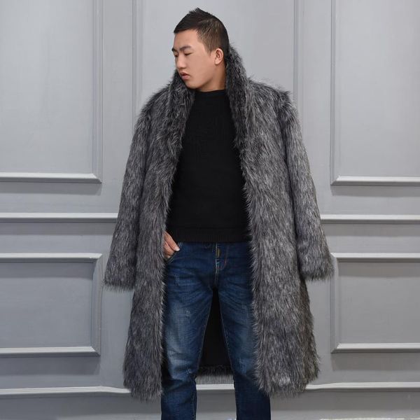 

men's fur & faux autumn winter coat men long imitation european and american integrated windbreaker jacket, Black
