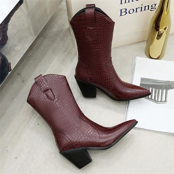 

boots 2021 plus size casual women wedges block high heels mid calf winter western cowboy vintage designer shoes, Black