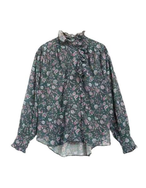 

women's blouses & shirts 2021 early autumn lotus leaf shirt retro sunscreen single breasted flower printed long sleeve, White