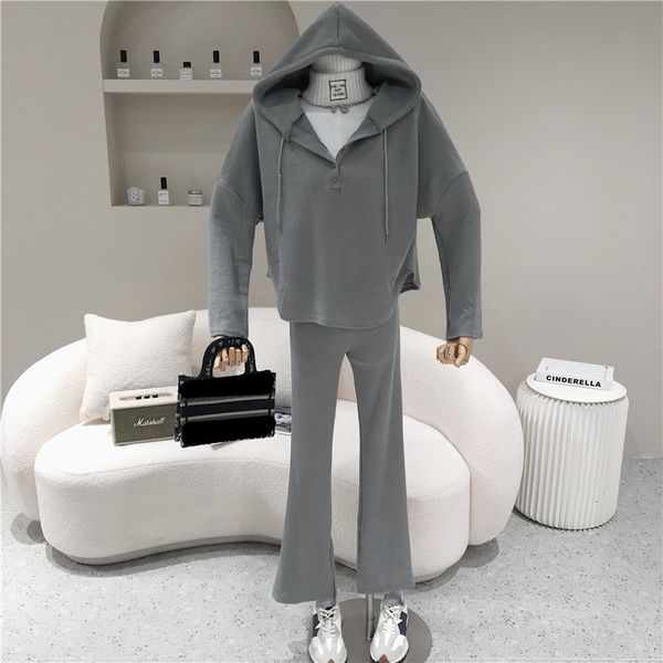 

capri two female garments spring summer 2021 niche fashion design cotton with hoodie t-shirt+ pants suit sports, Black;white