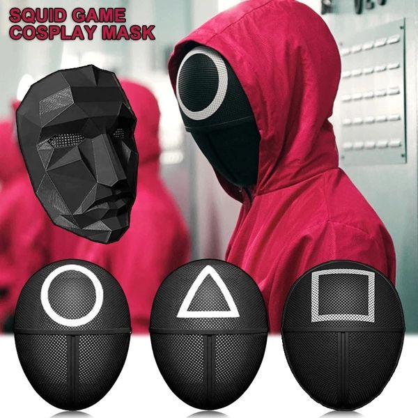 

squid game triangle square circle plastic mask cosplay red hood replica jumpsuit man headgear boss halloween party costume props