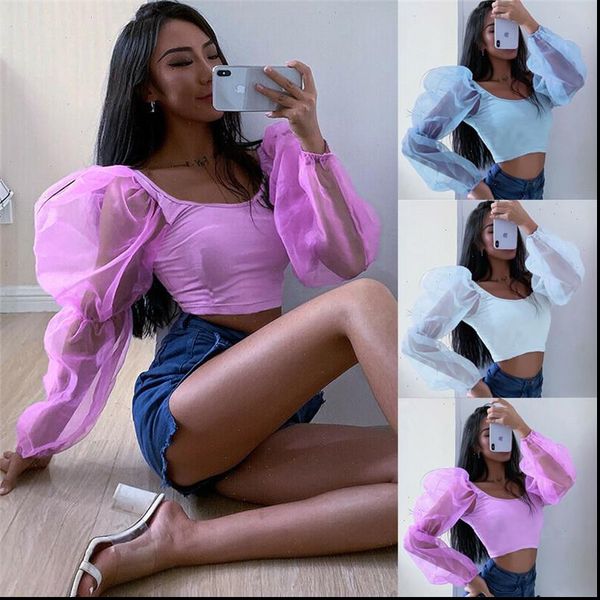

long puff sleeve organza chiffon womens blouses casual 4 colors, White