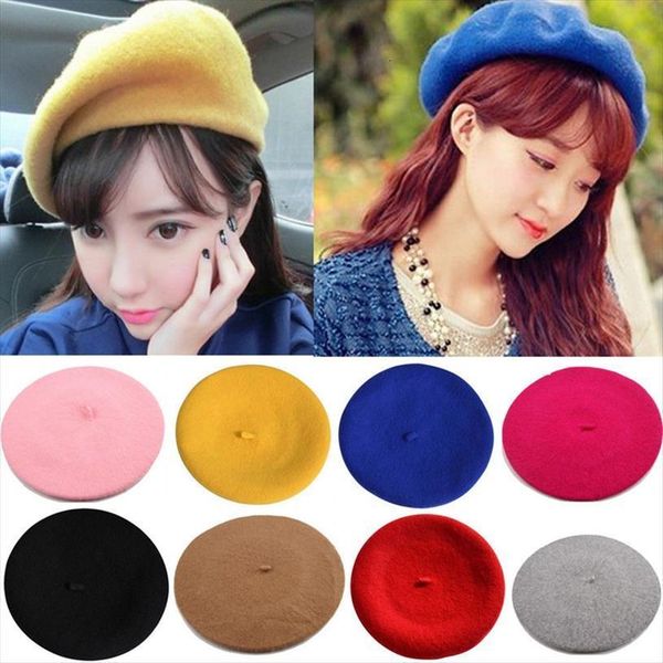 

winter warm faux wool beret women girls french artist beanie hat cap red black purple beige orange kawaii flat top, Blue;gray