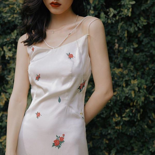 

casual dresses party midi floral women 2021 vintage old french print spaghetti strap dress backless korean beach summer boho, Black;gray