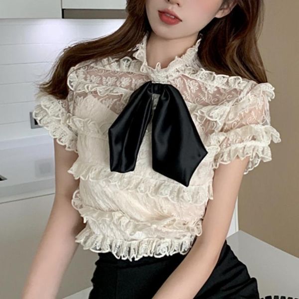 

women's blouses & shirts #4083 apricot chiffon blouse women bow o neck office female formal short sleeve lace spring autumn 2021, White