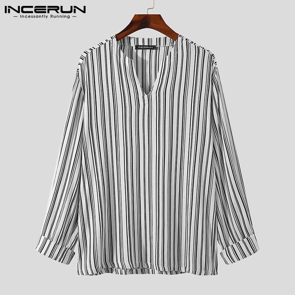 

men's casual shirts incerun men striped shirt v neck breathable long sleeve 2021 loose streetwear retro leisure camisa masculina s-5xl, White;black