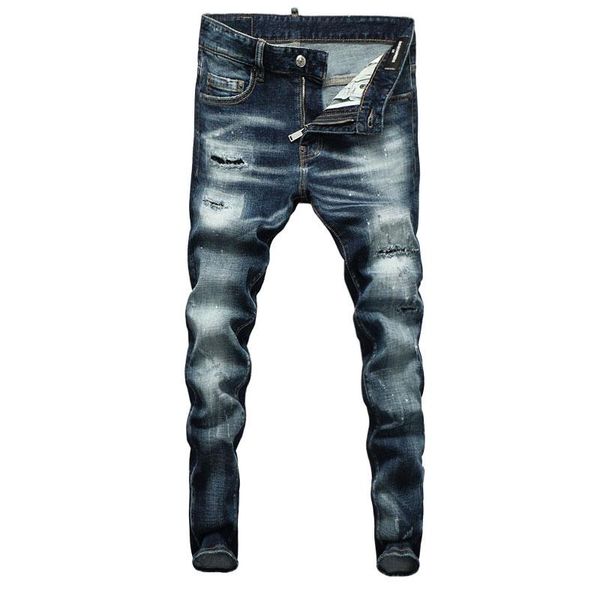 

men's jeans european vintage fashion men retro blue slim fit destroyed ripped plain washed designer denim pants