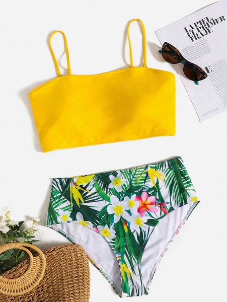 

plus plant print high waisted bikini swimsuit 34hz#, Black