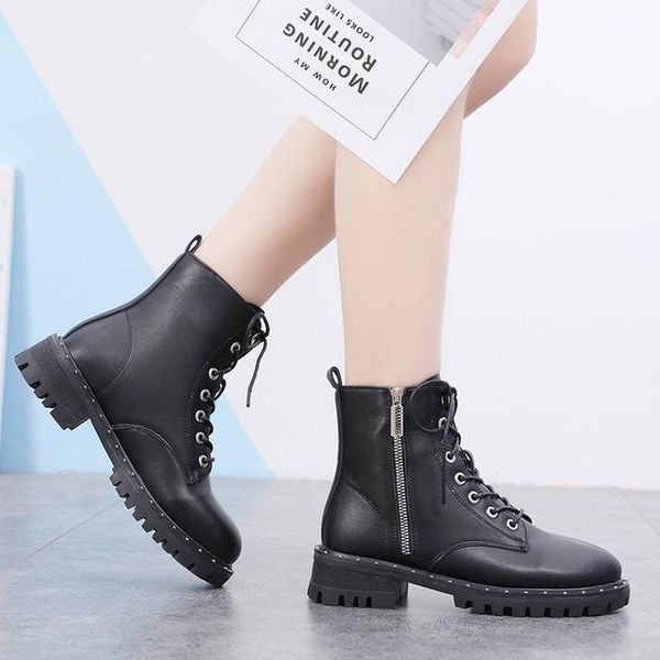 

boots fashion women patent leather ankle thick high heels lace up zipper round toe autumn winter woman shoes plus size1, Black