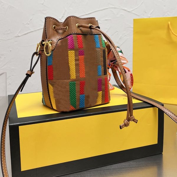 

multicolor bucket bag women mini handbag purse canvas embroidery letter crossbody bags genuine leather patchwork two detchable shoulder stra