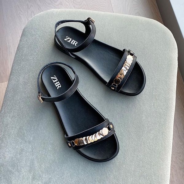 

dress shoes gold chain flats sandals women leather soft 2021 fashion ankle strap ladies genuine summer, Black