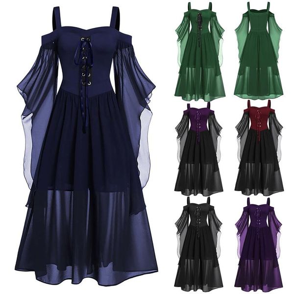 

casual dresses gothic medieval dress cosplay carnival halloween womne plus size cold shoulder butterfly sleeve lace up, Black;gray