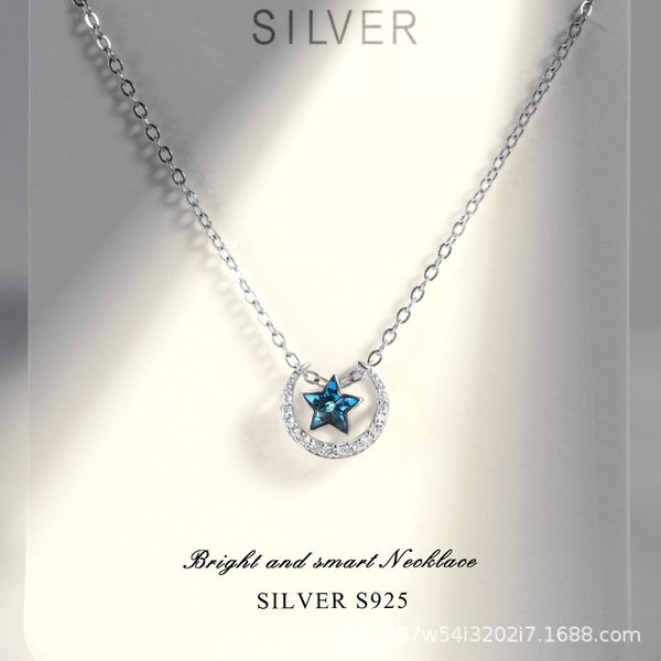 

star moon necklace women's sterling silver fashion net red ins niche design versatile pendant collar chain necklace for girlfriend, Black