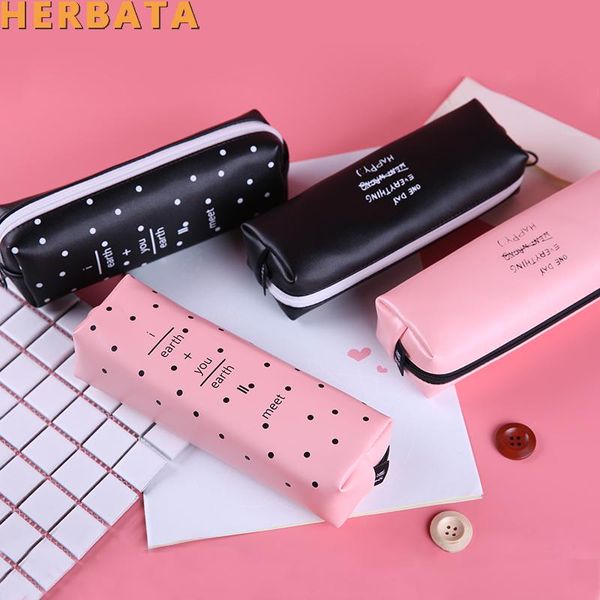 

cute pink pencil case for girls kawaii black white dot pu leather pen bag stationery pouch office school supplies zakka escolar bags