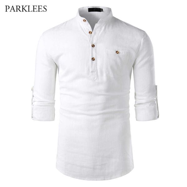 Camisa de linho de algodão branco homens carrinho colarinho manga comprida mens vestido camisas com bolso casual negócio trabalho chemise homme tops 210721
