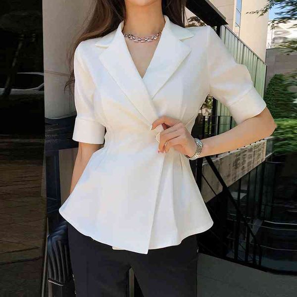 

summer korean fashion work blazer coats women short sleeve notched collar one button office jacket blazers outwear femme 210515, White;black