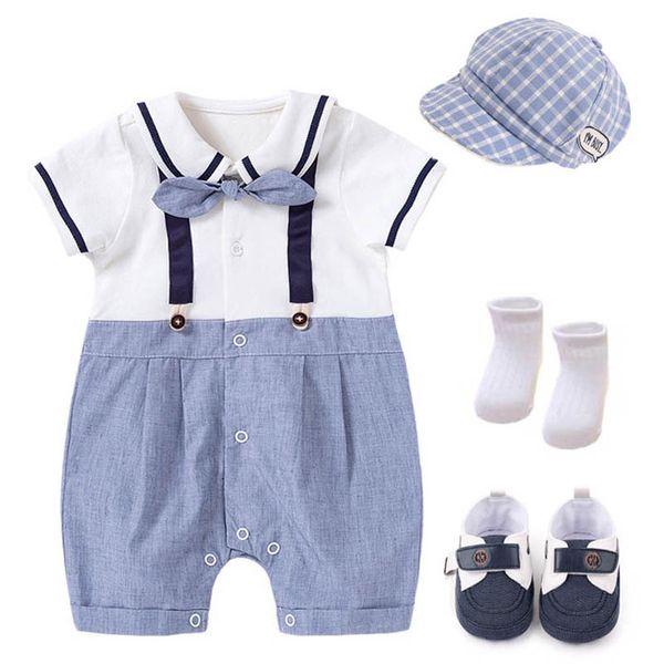 

baby rompers boys bodysuits newborn clothes summer cotton short sleeve infant jumpsuit bow tie one piece clothing hats socks shoes 4pcs sets, Blue