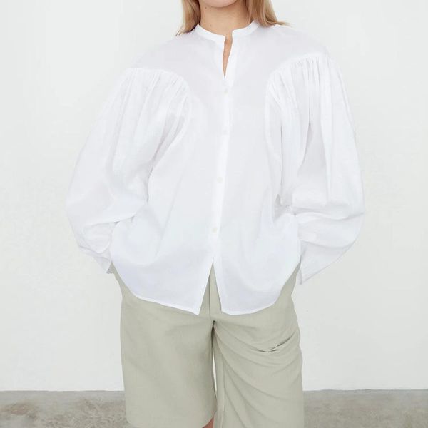 

women's blouses & shirts puff sleeve loose women shirt early autumn single breasted solid casual wild lady blouse, White