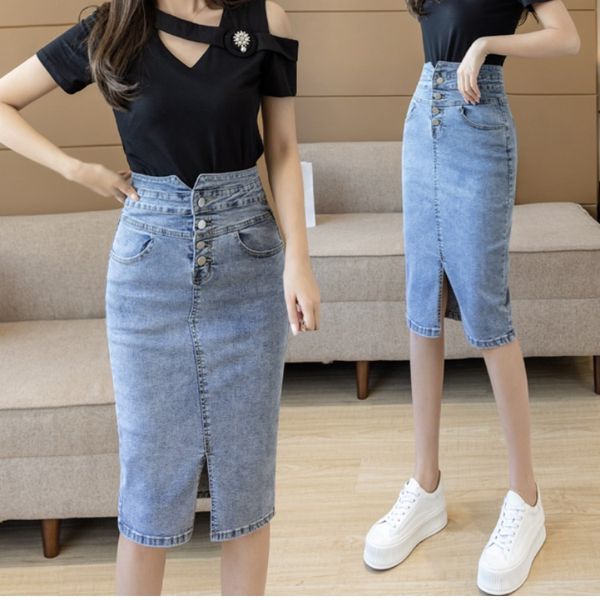 

high waist tight hip skirt design sense split denim skirt women's 2021 summer new slim mid long, Black