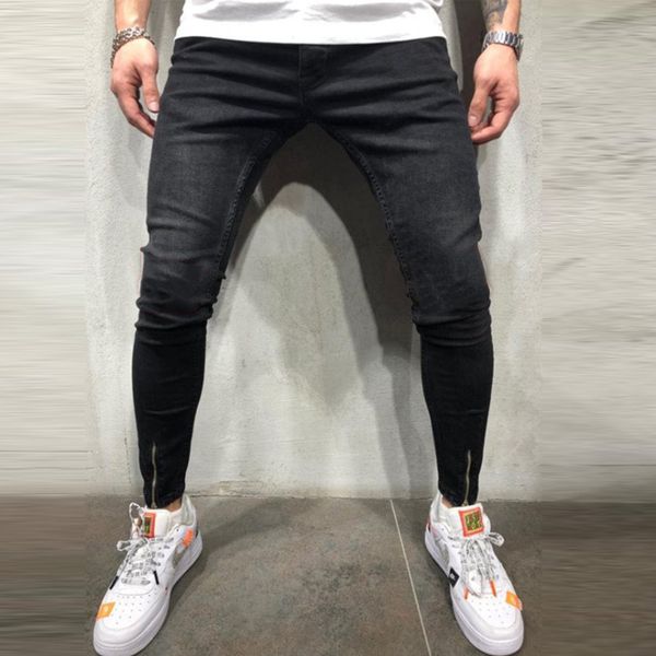 

2021 men's fashion solid color zipper casual slim fit jeans pants, Blue