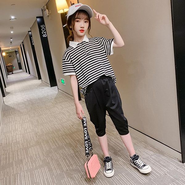 

summer baby kids girls clothes children set outfits fashion stripe t-shirt and black pants 2 pcs clothing suits sets, White