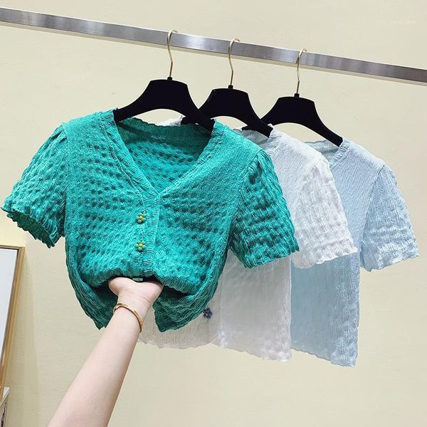 

women's t-shirt real s 2021 summer style v-neck short floret buttons folds short-sleeved, White