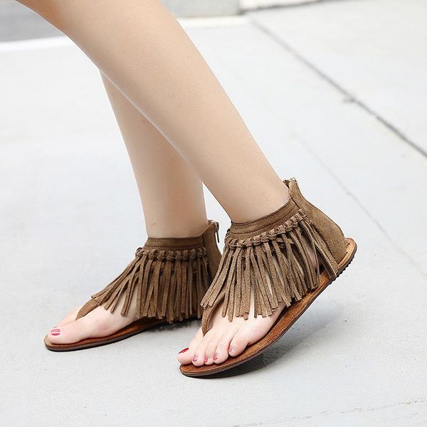 

sandals 2021 summer clip toe flat tassel foot roman women's shoes, Black