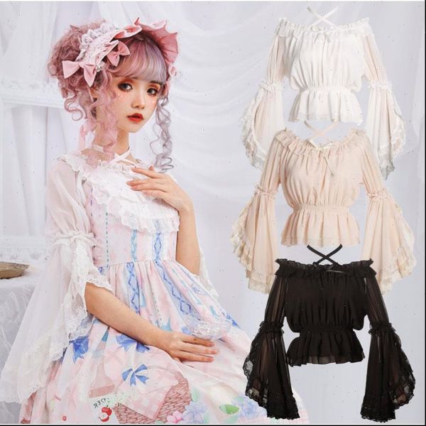 

sweet chiffon flare sleeve cross womens shirts neck lolita summer, White