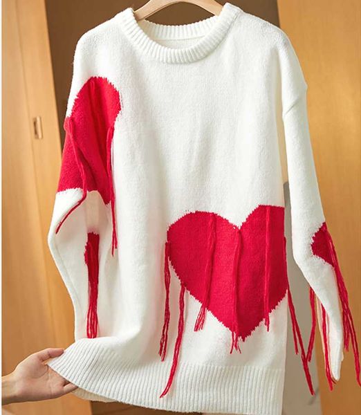 

women's sweaters red love tassel pattern knitted sweater 2021 autumn winter loose oversized lazy simple casual round neck pullover, White;black