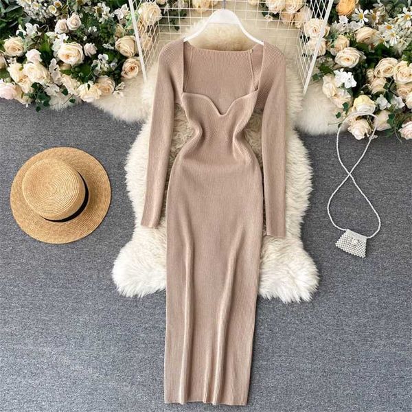 

croysier dresses for women strapless ribbed knitted bodycon dress women winter long sleeve midi sweater dress clothes 211206, Black;gray