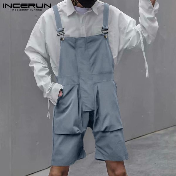 

men's shorts summer men bib rompers solid color pockets streetwear casual jumpsuits 2021 loose fashion suspenders overalls s-5xl inceru, White;black