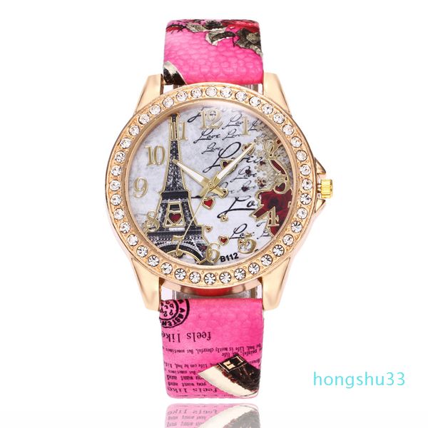 

whoesale eiffel tower flowers printing rhinestone leather watches women ladies students dress leisure casual wristwwatches clock, Slivery;brown