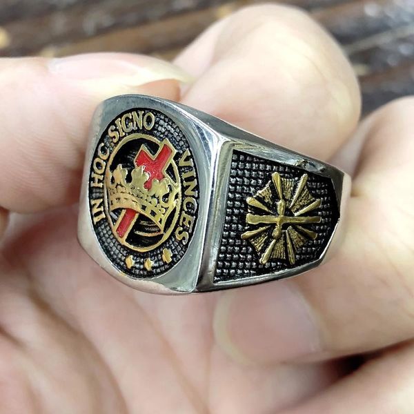 

cluster rings vintage enamel silver gold stainless steel men ring mason asonry masonic ag retro punk male cross jewelry, Golden;silver