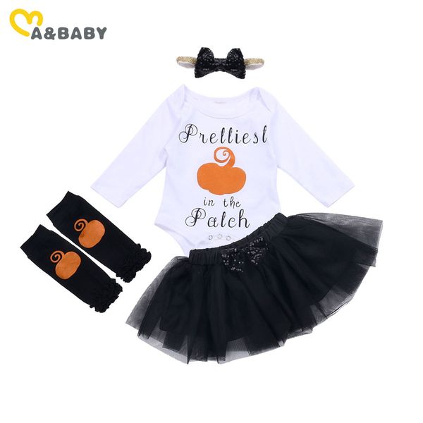 

0-24m born infant baby girl halloween clothes set letter pumpkin romper tutu skirt headband leg warmers outfits 210515, White