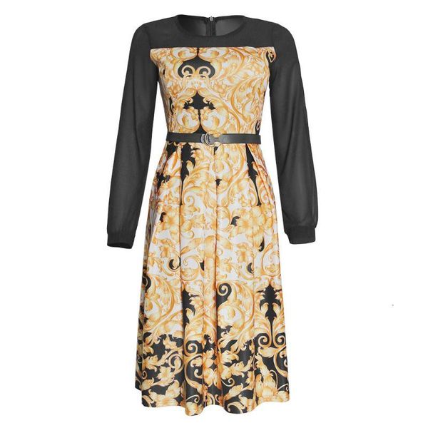 

casual dresses women printed patchwork a line pleated with waist belt long lantern sleeves female fashion autumn african femme vestidos 3nab, Black;gray