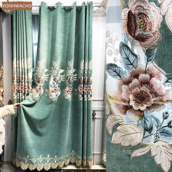 

curtain & drapes custom luxury pastoral embossed embroidered bedroom thick chenille green cloth blackout tulle drapery c777