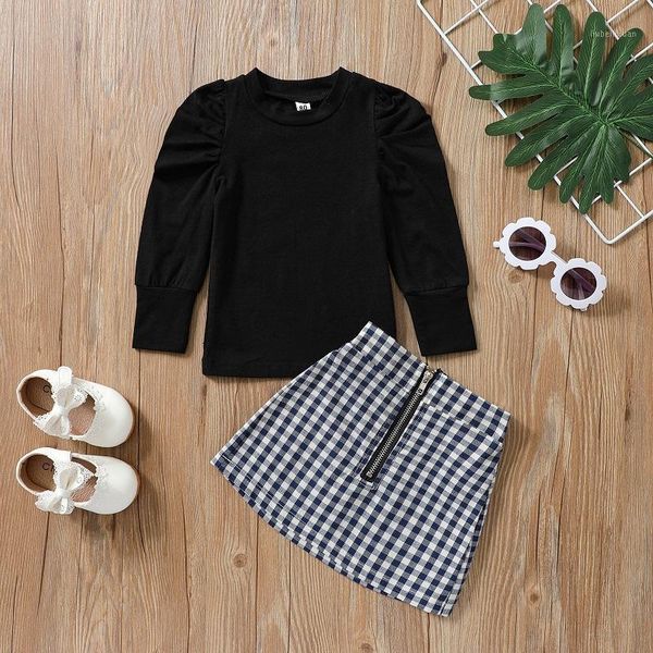 

clothing sets 2021 infant kids baby girl puff long sleeve cotton t-shirt plaid zipper a-line skirt 2pcs outfits spring autumn clothes s1, White