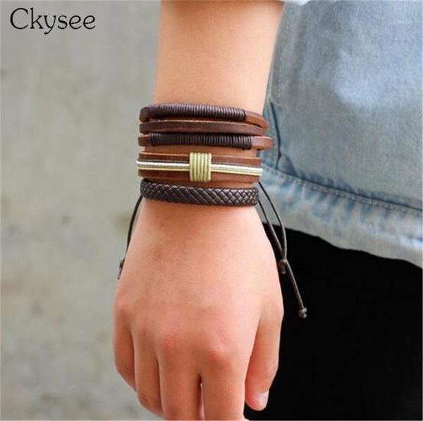 

charm bracelets ckysee 5pcs/set brown color multilayer leather rope bracelet for women fashion men handmade wrap wristband bangles gift, Golden;silver