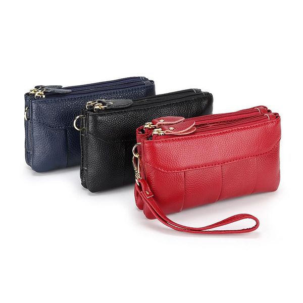 

women wallets genuine leather red/black 3 colors double zipper phone clutch bag fashion soft card purse