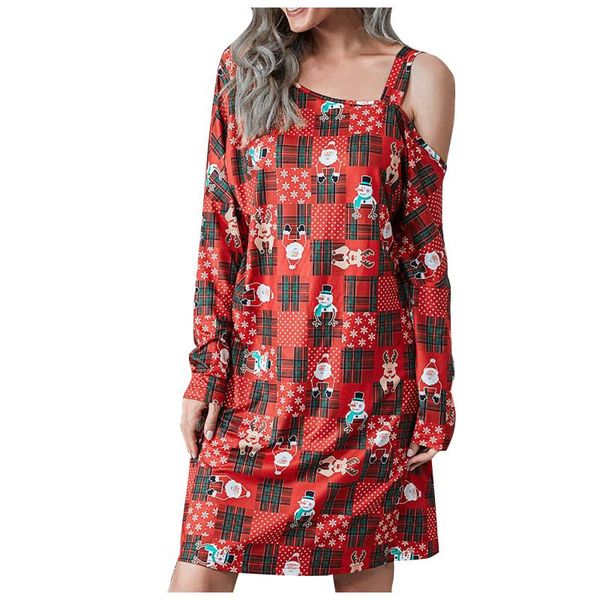 

casual dresses autumn winter women fashion mid-sleeve unilateral off-shoulder loose dress ladies stitching christmas plaid printed, Black;gray